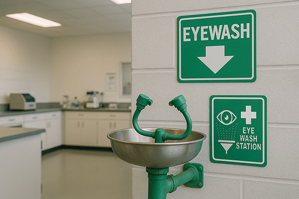 Eyewash station with ANSI-compliant signage in a clinical lab