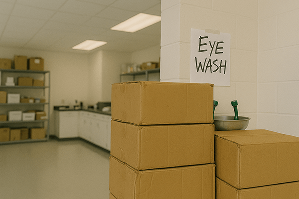 Obstructed eyewash station with handwritten sign in a healthcare lab