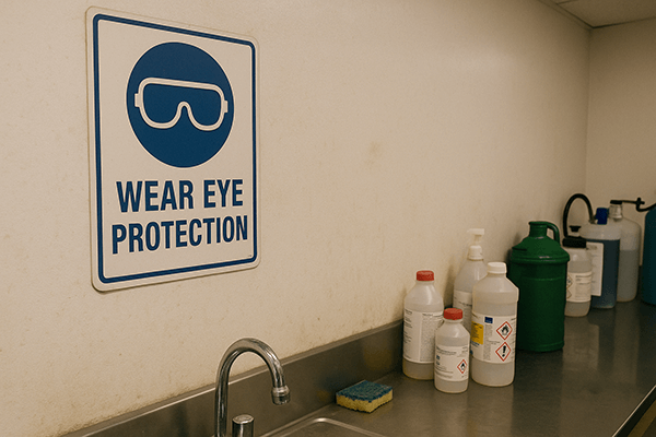 PPE signage for eye protection above chemical sink in healthcare workspace