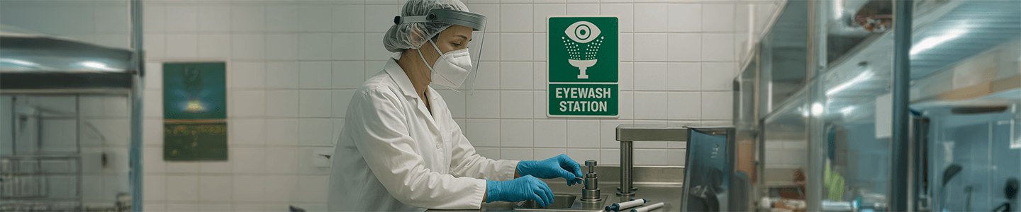 Healthcare technician working near eyewash station signage in sterile environment.
