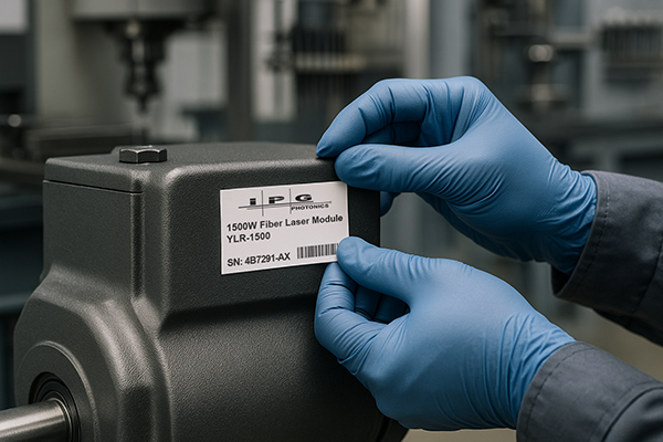 Close-up of gloved hands applying a barcode label to industrial equipment inside a manufacturing facility.
