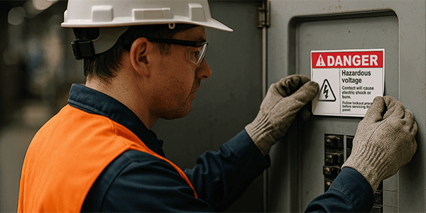 Worker placing a danger label on an electrical panel.