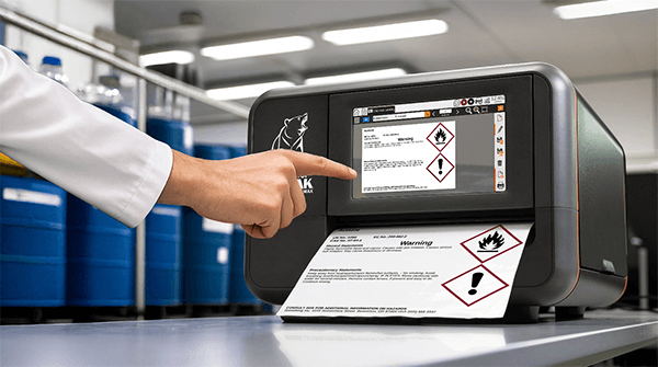 DuraLabel Kodiak Max Industrial Sign and Label System producing GHS-compliant chemical identification labels for hazard communication compliance.