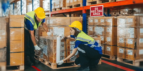 Workers in hard hats move pallets in a warehouse 5S red tag area with stacked boxes