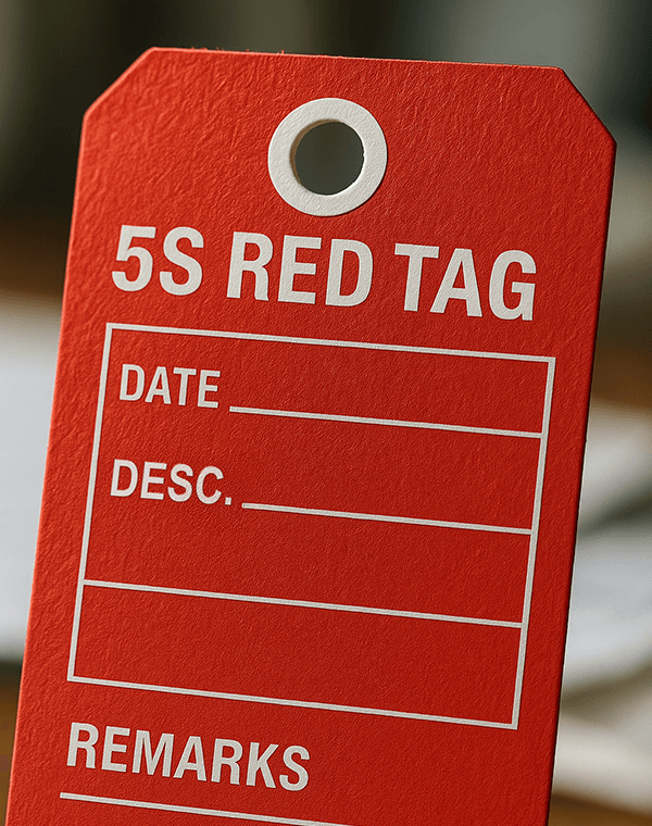 Close-up of a blank 5S red tag with spaces for date, description, and remarks