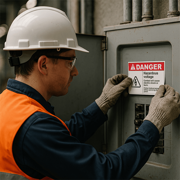 Worker in safety gear applies a red “Danger Hazardous Voltage” label to an electrical panel.