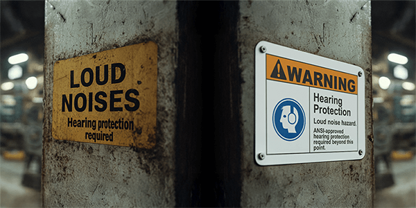 Two industrial noise warning signs on a pillar in a factory.