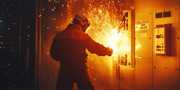 Arc flash incident at electrical panel with arc flash labeling.