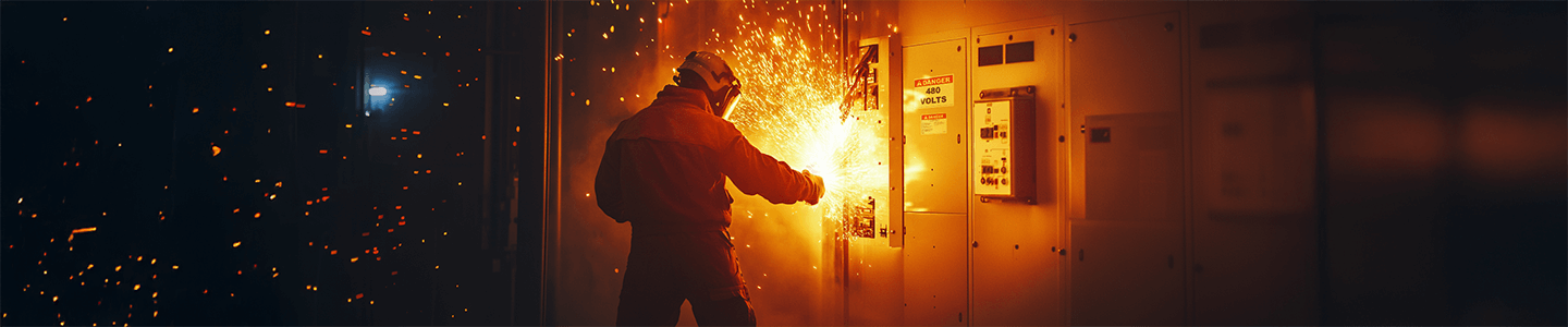 Arc flash incident at electrical panel with arc flash labeling.