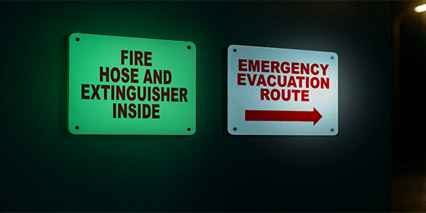 Glow-in-the-dark and reflective emergency fire signs mounted in a low-light corridor, showing clear evacuation route labeling.