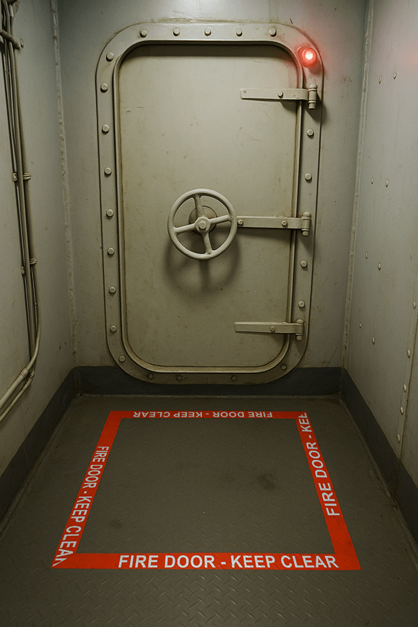 Fire door outlined with high-visibility floor marking tape labeled FIRE DOOR – KEEP CLEAR in an industrial environment