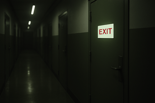 Illuminated exit sign on a steel door in a low-lit military hallway demonstrating clear fire exit visibility