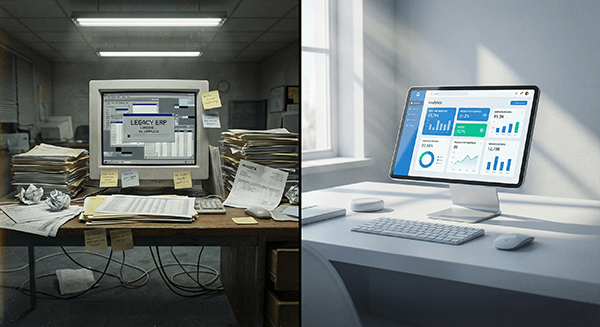  A cluttered interface beside a modern dashboard reflecting legacy ERP replacement.