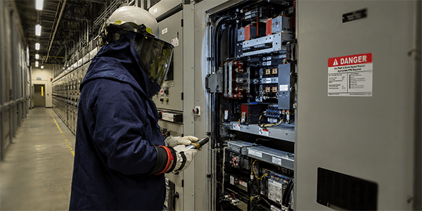 Electrical worker in arc flash PPE servicing an open electrical panel with an arc flash hazard label.
