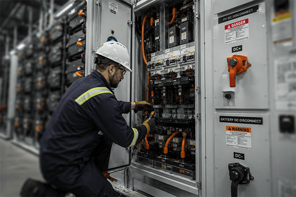 Electrical worker servicing DC equipment with labeled battery disconnects.