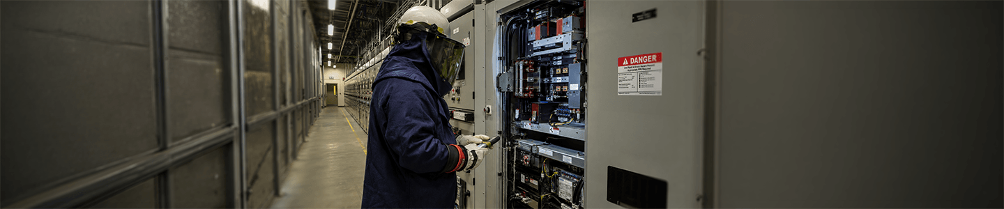 Electrical worker in arc flash PPE servicing an open electrical panel with an arc flash hazard label.