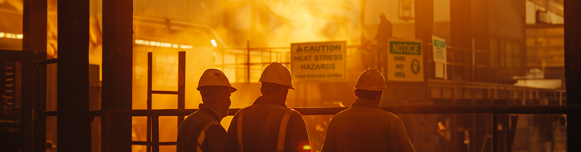 Three workers stand in a foundry looking at a Caution: Heat Stress Hazard safety sign.