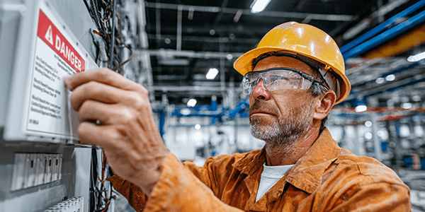 Technician in PPE applying new arc flash labels and lockout/tagout labels to an electrical panel, demonstrating NFPA 70E labeling practices.