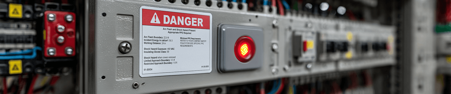 Technician in PPE applying new arc flash labels and lockout/tagout labels to an electrical panel, demonstrating NFPA 70E labeling practices.