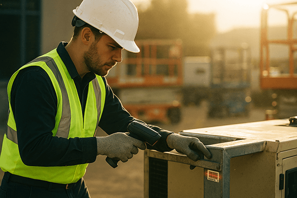 A worker scans a barcode label on a piece of heavy machinery