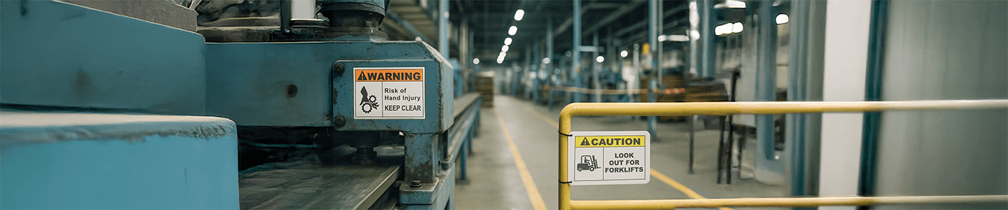 Safety signs in a factory aisle, warning of hand injury and forklift traffic, mounted on machinery and guard rails. 
