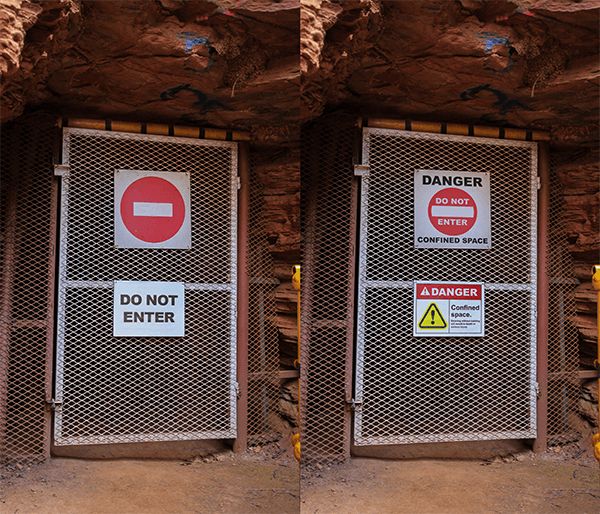 Side-by-side comparison of two mine gate entrances—one with basic 