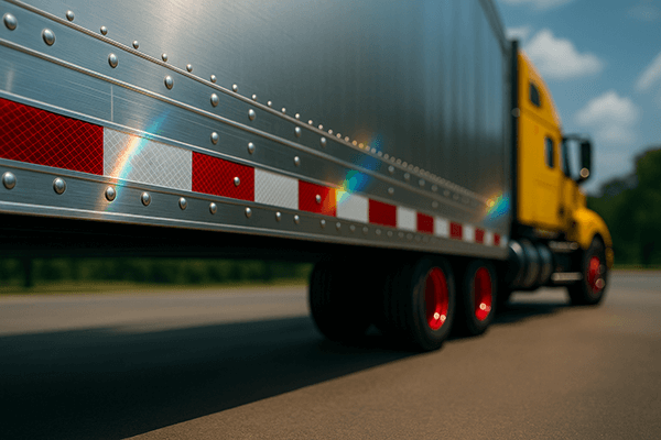Truck with prismatic reflective tape near rail crossing at dusk.