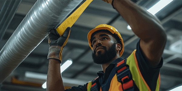 Worker applying a custom industrial label to an HVAC system in an industrial warehouse. 