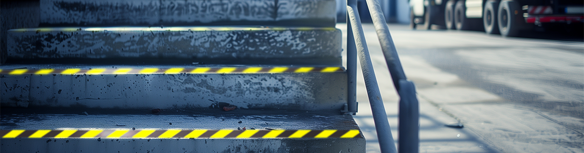 Hi vis floor marking caution tape on stairs.