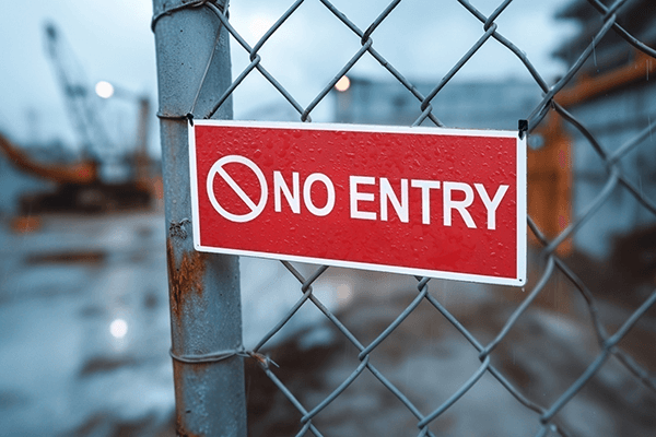 Red “No Entry” sign on a chain-link fence at a construction site.