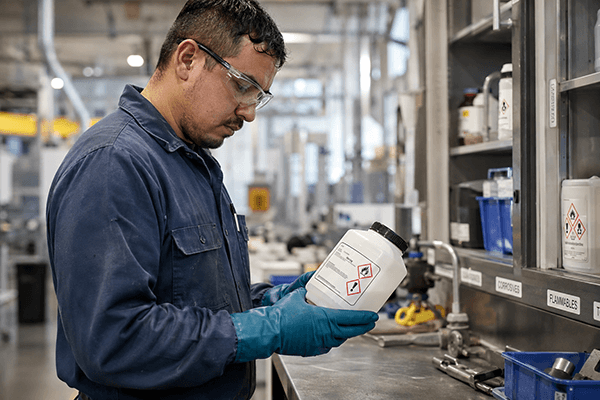 Industrial worker wearing safety glasses and gloves examining a chemical bottle with a secondary container label.
