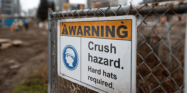 Warning sign on a fence reading “Crush hazard. Hard hats required” at a construction site.