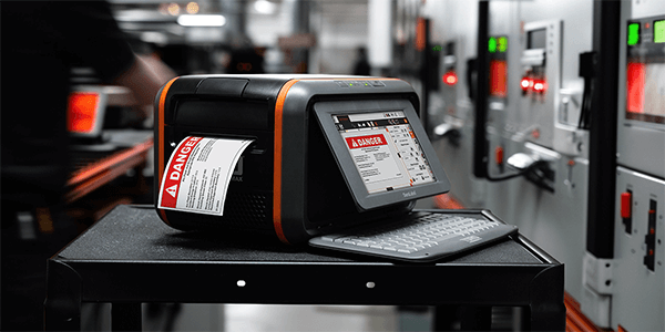 Toro Max printing danger arc flash label in electrical room using LabelForge PRO design software