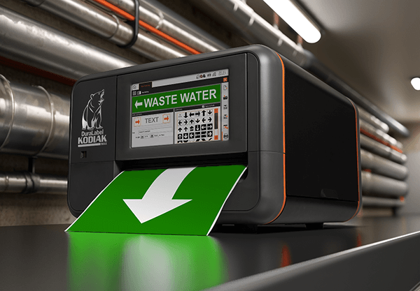 Kodiak Max industrial label printer creating green waste water pipe label near processing pipes