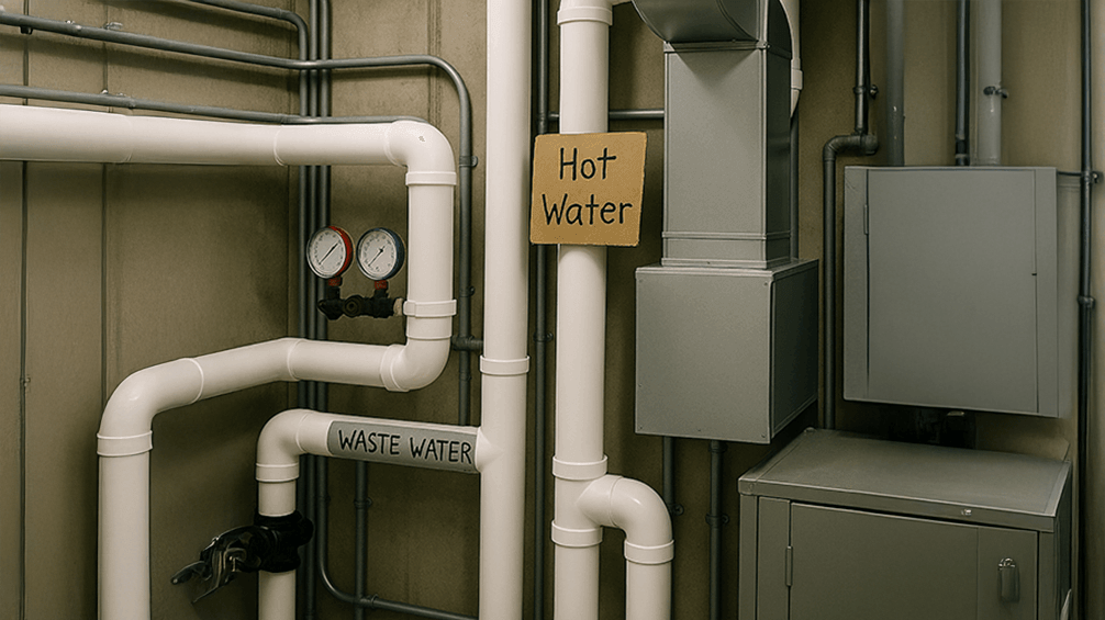 A mechanical room with white utility pipes labeled “WASTE WATER” and a cardboard “HOT WATER” sign, showing inconsistent and makeshift labeling.