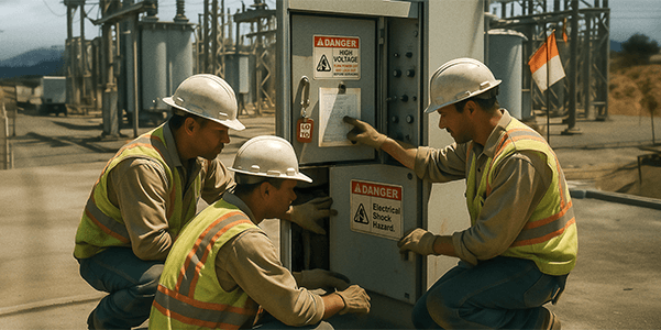 Close-up of durable OSHA compliance labeling on utility equipment, highlighting hazard warnings and shut-off points.