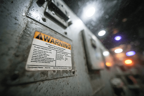 Reflective arc flash label applied to an electrical panel to support utility emergency preparedness and worker safety.