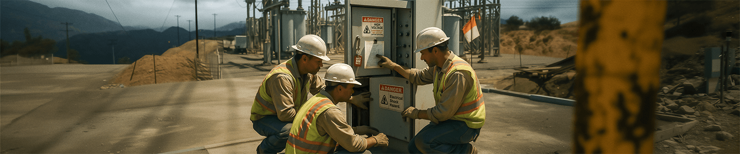 Close-up of durable OSHA compliance labeling on utility equipment, highlighting hazard warnings and shut-off points.