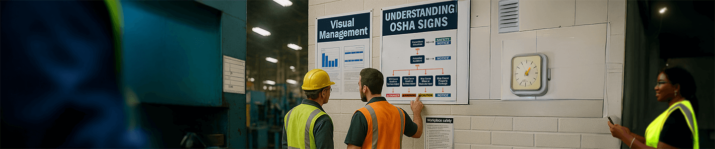 Two men inspecting signs for safety in the workplace