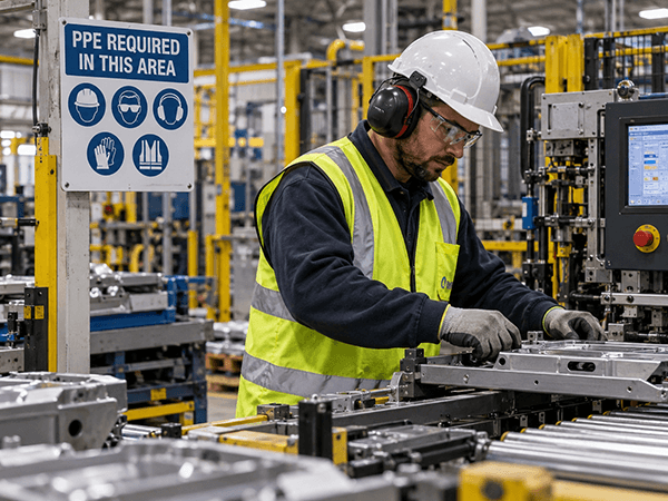 Worker wearing PPE beside a PPE required sign while operating equipment in a manufacturing facility.