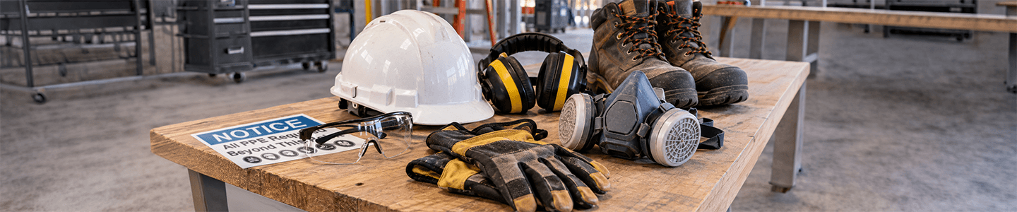 Hard hat, safety glasses, gloves, hearing protection, respirator, and safety boots displayed on a workbench.