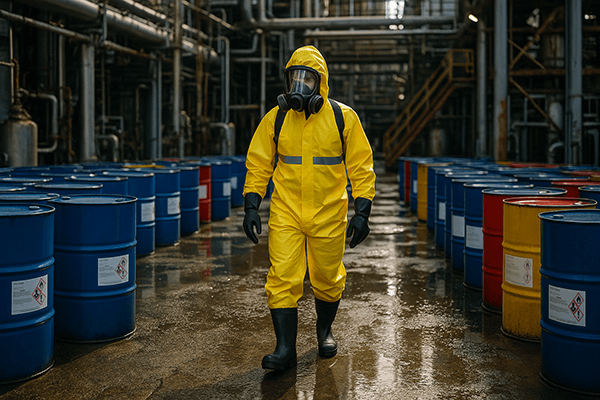Worker in full hazmat suit walking through a chemical storage area lined with blue barrels labeled with GHS symbols.