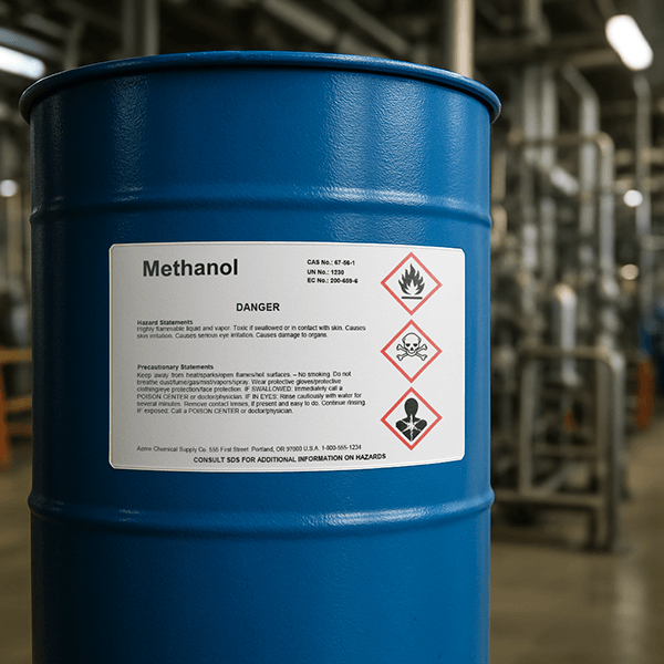 A chemical drum containing methanol proper labeled according to OSHA HazCom standards