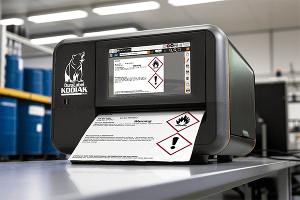 DuraLabel Kodiak Max Industrial Sign and Label System printing a GHS-compliant chemical label.