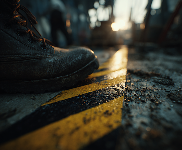 Worker boot stepping on anti-slip floor marking tape in a warehouse, showing durability in harsh conditions.