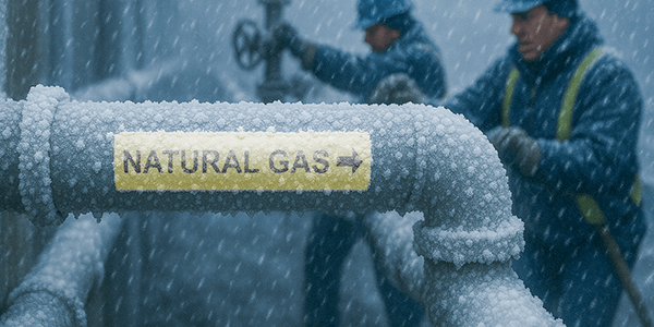 A frost-covered pipeline labeled “NATURAL GAS →” in a snowy environment.