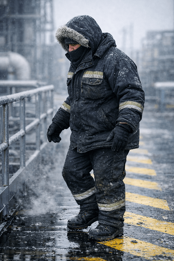 A bundled-up industrial worker navigates a snowy, icy worksite, illustrating the importance of winter safety in harsh outdoor manufacturing environments.