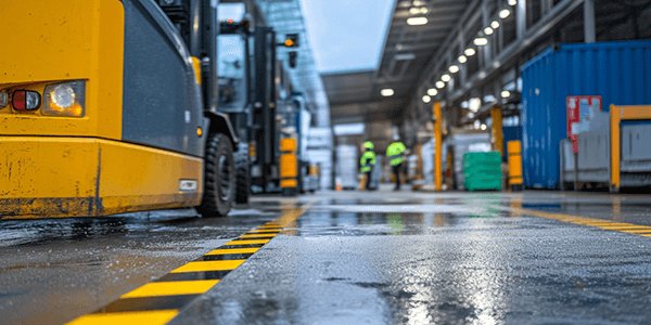 A wet industrial loading area with forklifts and marked walkways shows clear industrial floor marking designed to separate traffic and reduce slip hazards during winter operations.