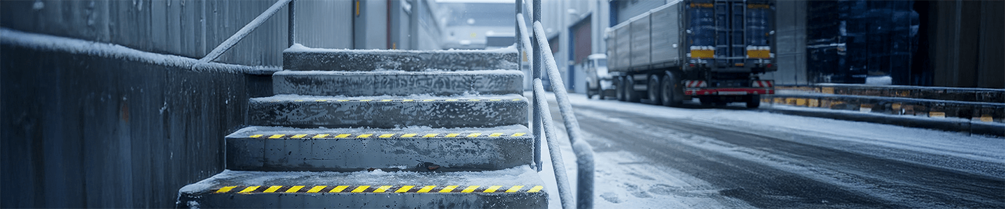 Worker in heavy gear walks an icy platform with reflective labeling.