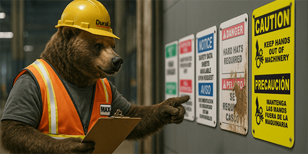 Max the DuraLabel bear reviewing workplace signs and documenting faded safety signs as part of an end-of-year signage audit.